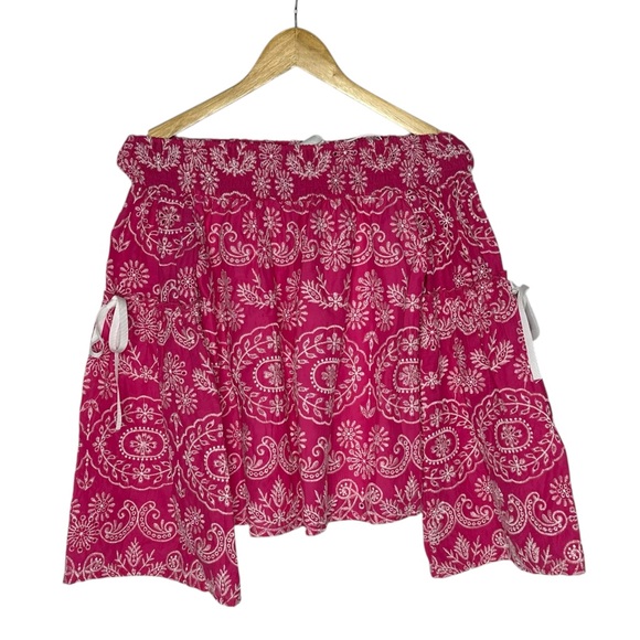 NWT Kasia x Anthropologie Pink Embroidered Off-The-Shoulder Bell Sleeve Top xs - Picture 6 of 14